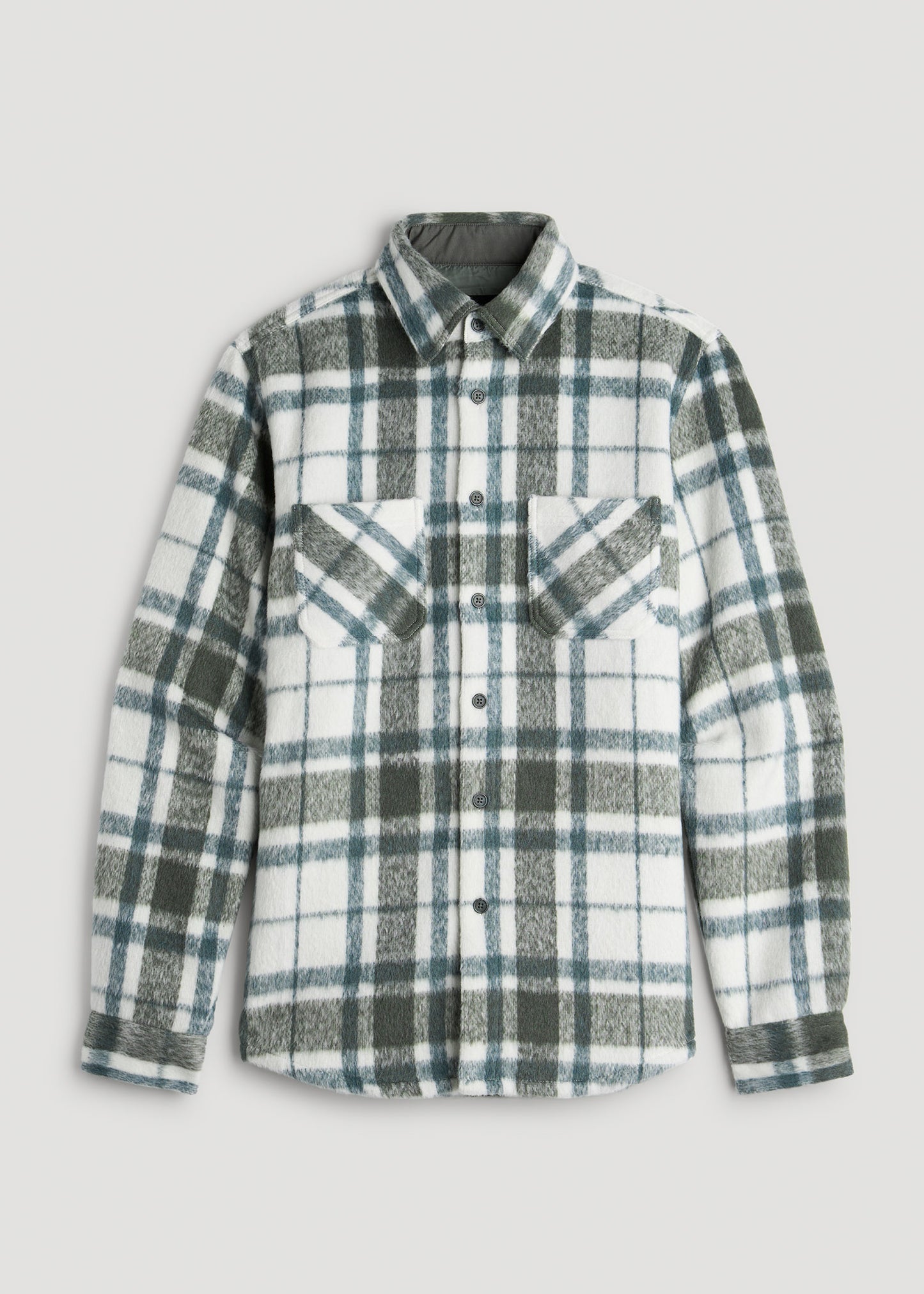 Heavyweight Brushed Flannel Overshirt for Tall Men in Ecru and Green Plaid