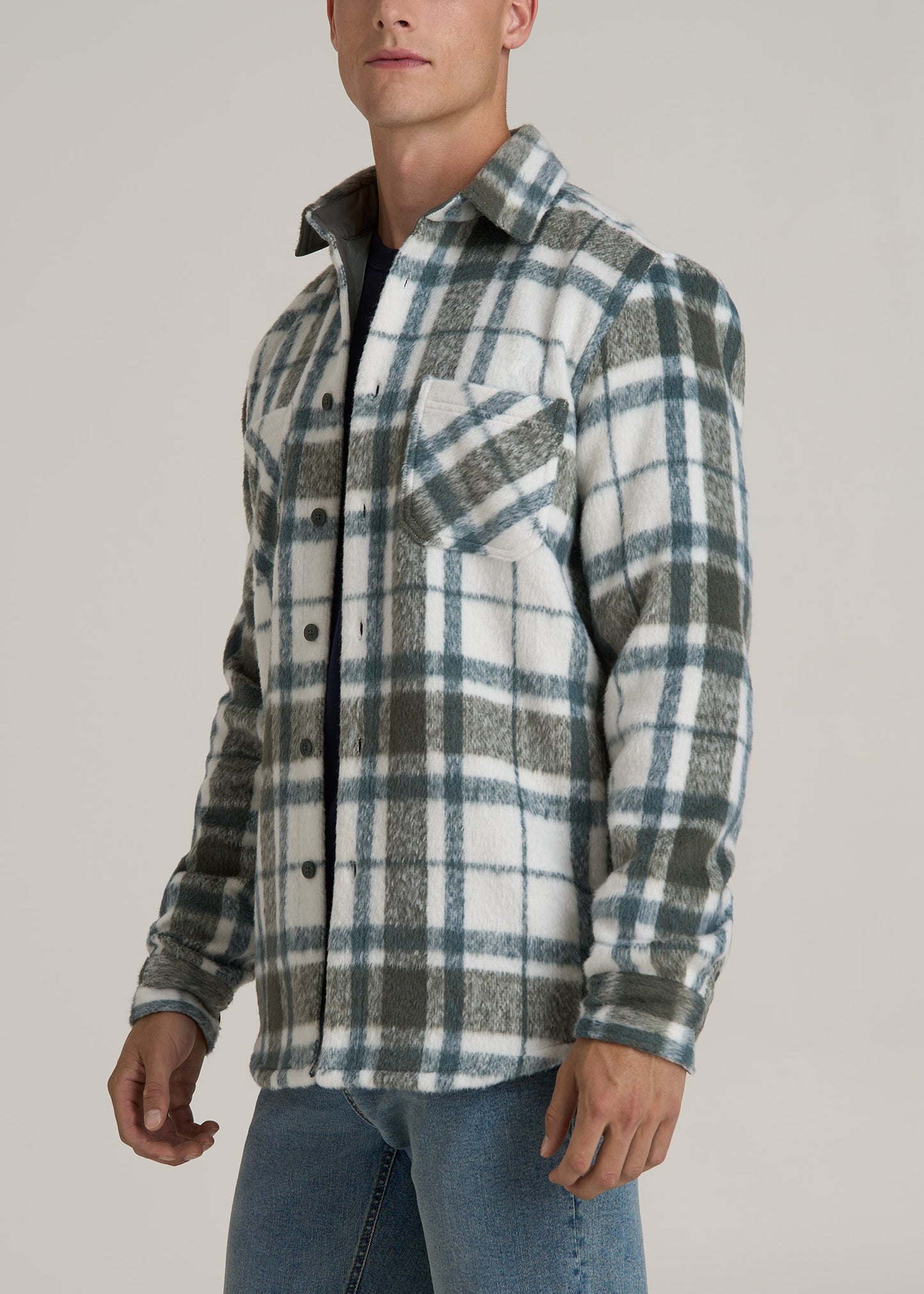 Heavyweight Brushed Flannel Overshirt for Tall Men in Ecru and Green Plaid