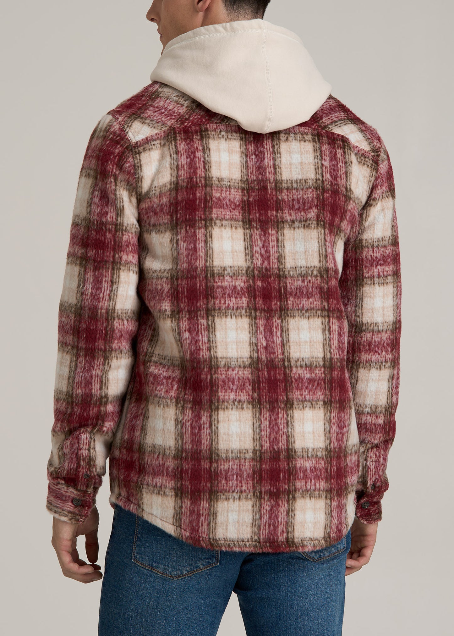 Heavyweight Brushed Flannel Overshirt for Tall Men in Ecru and Red Plaid