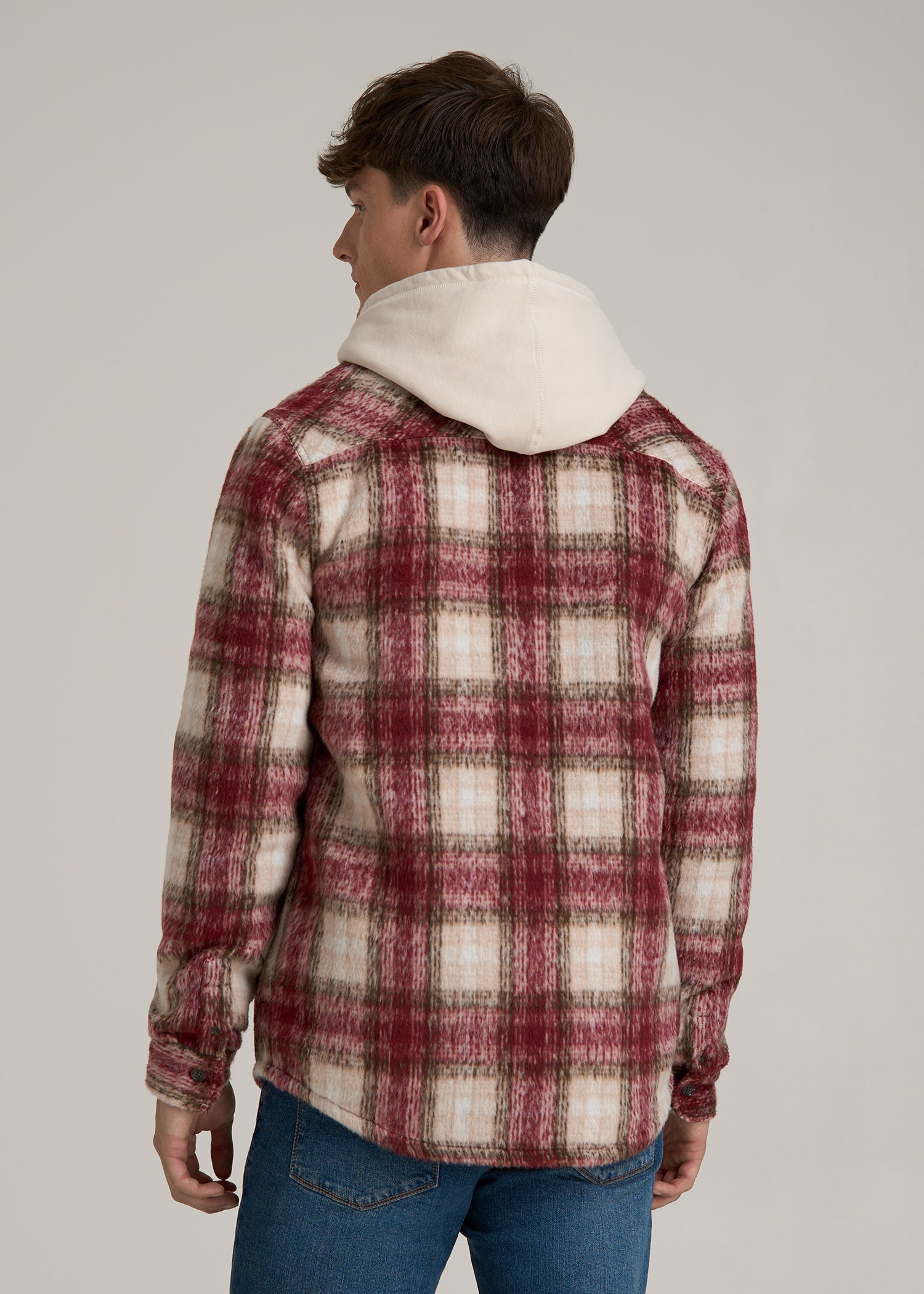 Brushed Flannel Overshirt for Tall Men in Ecru and Red Plaid