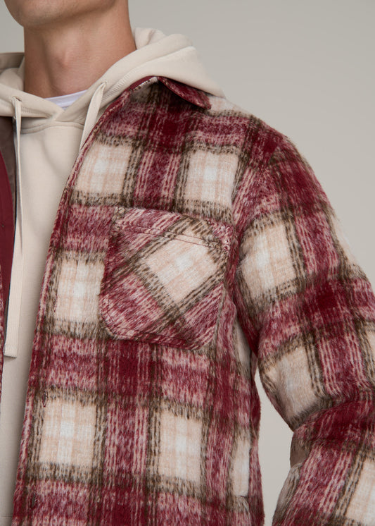 Heavyweight Brushed Flannel Overshirt for Tall Men in Ecru and Red Plaid