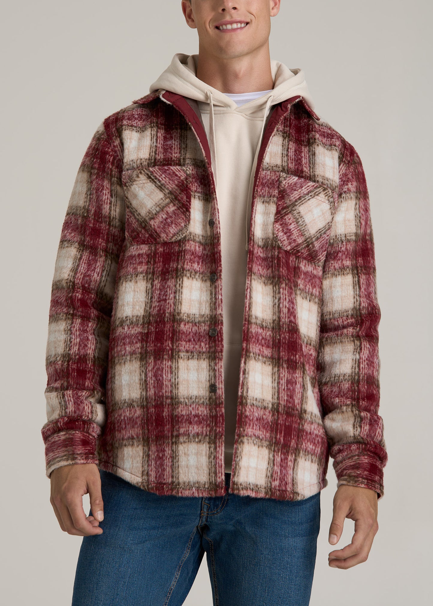 Heavyweight Brushed Flannel Overshirt for Tall Men in Ecru and Red Plaid