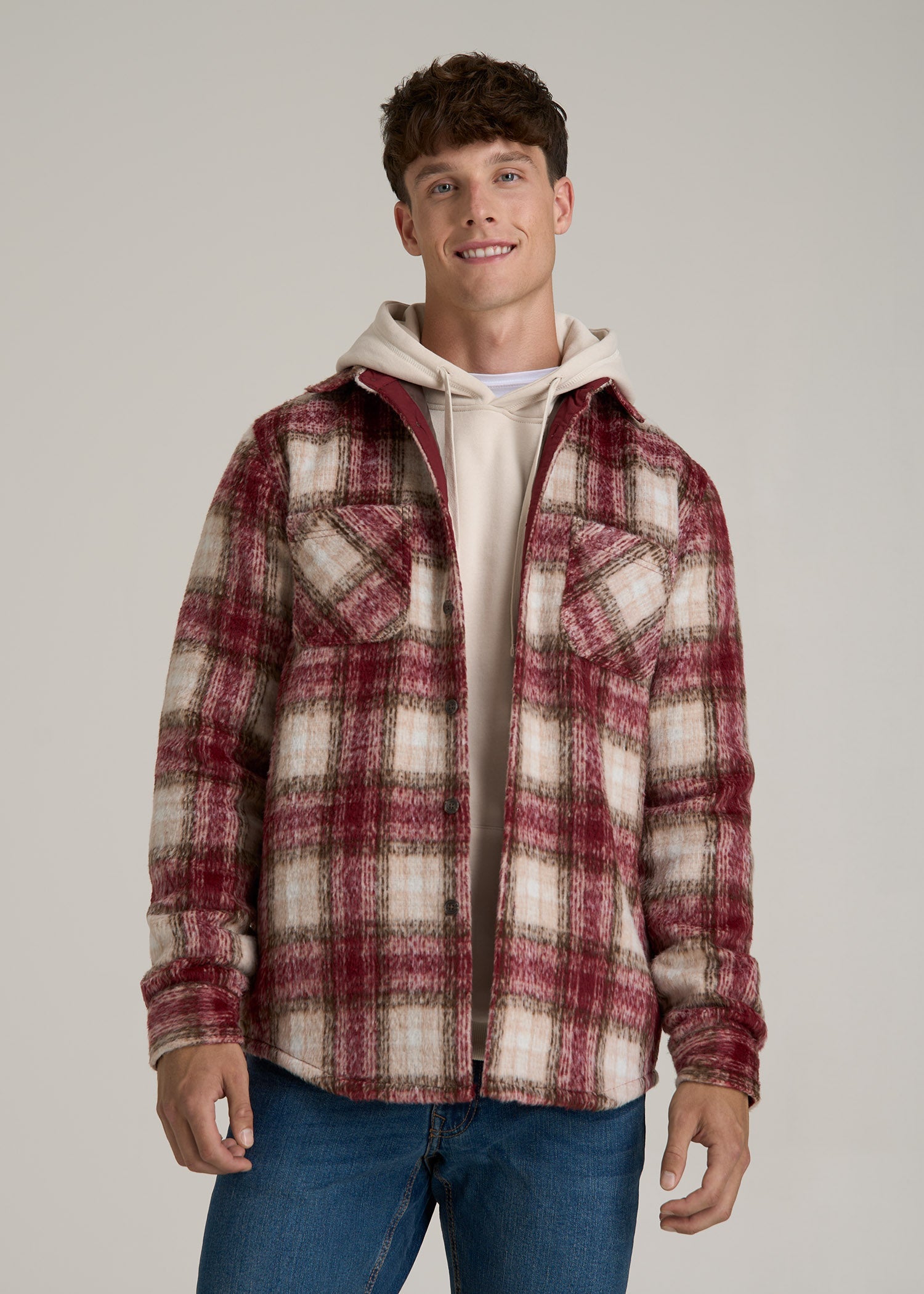 Brushed Flannel Overshirt for Tall Men in Ecru and Red Plaid
