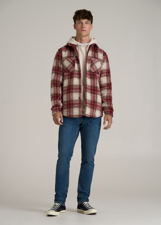 Heavyweight Brushed Flannel Overshirt for Tall Men in Ecru and Red Plaid