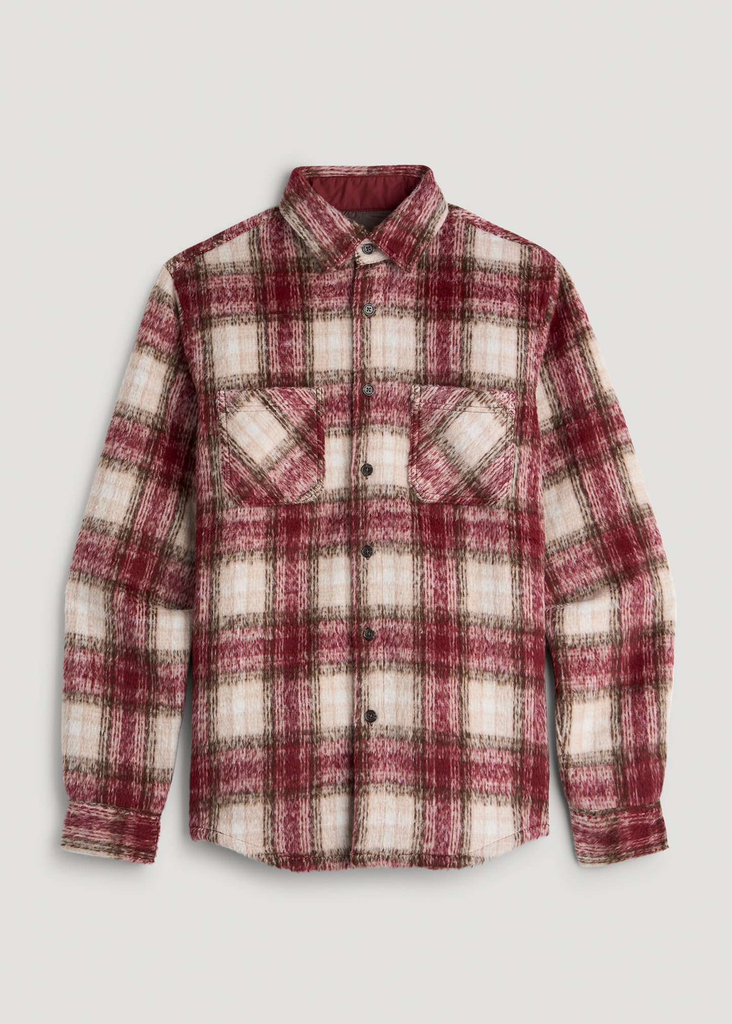 Heavyweight Brushed Flannel Overshirt for Tall Men in Ecru and Red Plaid