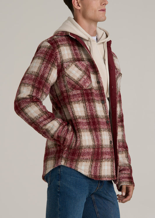 Heavyweight Brushed Flannel Overshirt for Tall Men in Ecru and Red Plaid