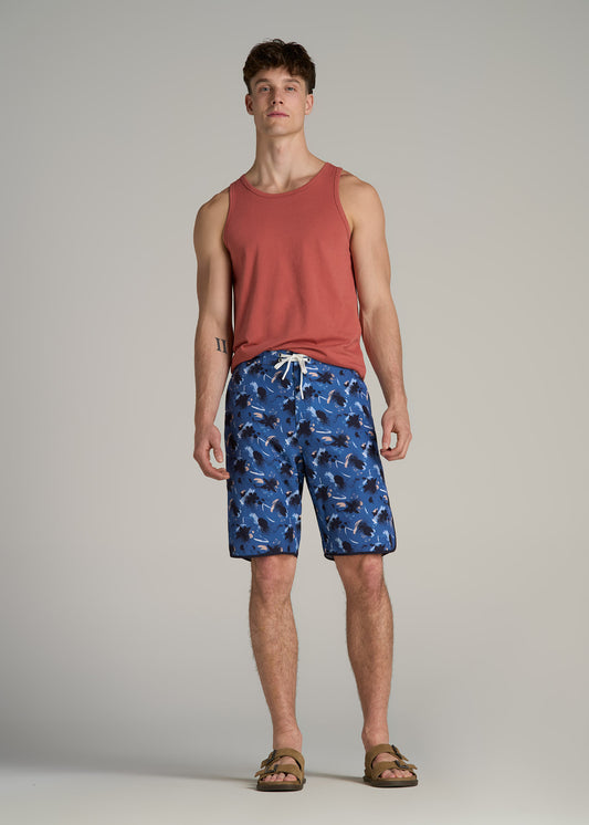 Hi-Tide Scallop Board Shorts for Tall Men in Blue Brushstroke