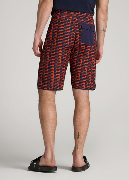 Hi-Tide Scallop Board Shorts for Tall Men in Bright Orange Geometric