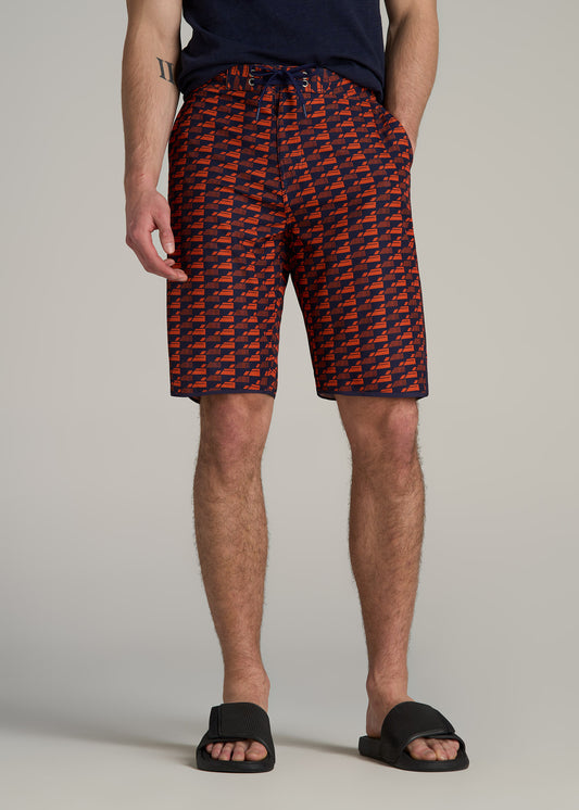 Hi-Tide Scallop Board Shorts for Tall Men in Bright Orange Geometric