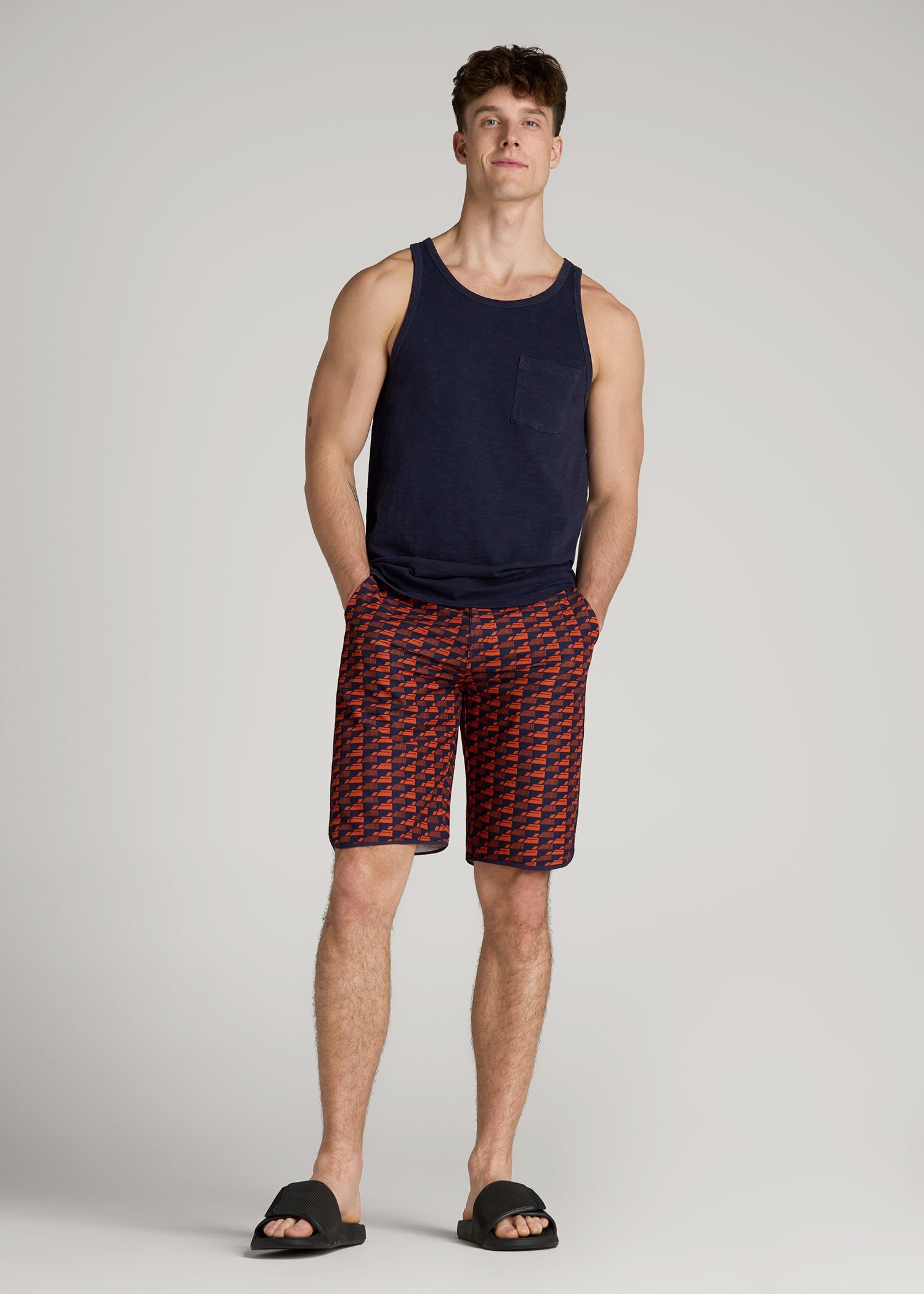 Hi-Tide Scallop Board Shorts for Tall Men in Bright Orange Geometric
