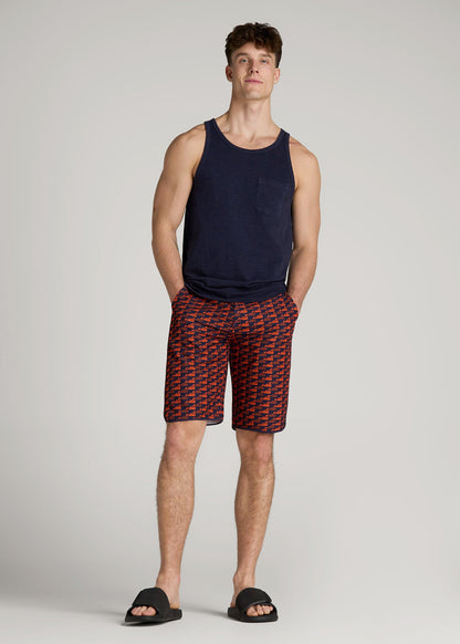 Hi-Tide Scallop Board Shorts for Tall Men in Bright Orange Geometric