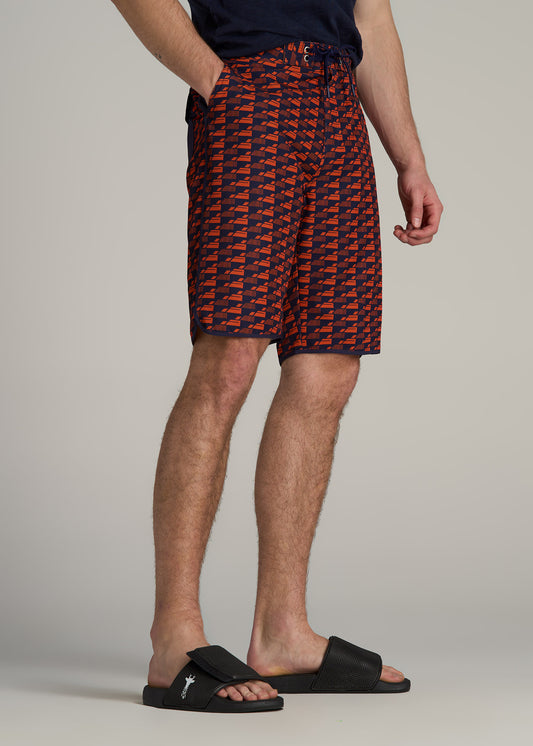 Hi-Tide Scallop Board Shorts for Tall Men in Bright Orange Geometric