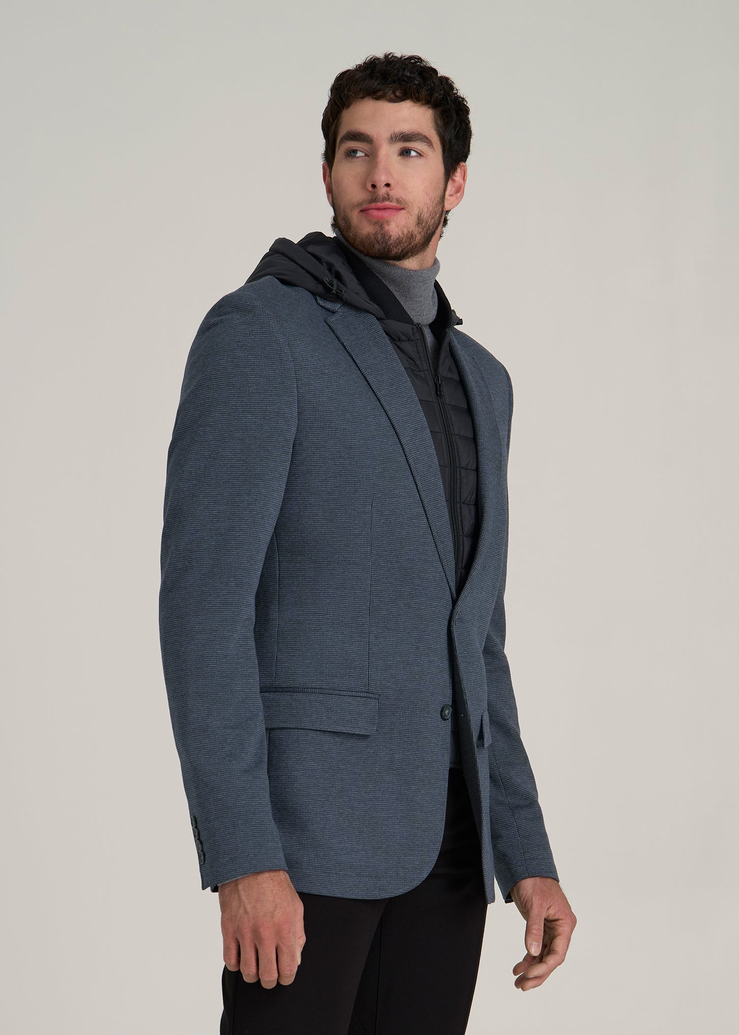 Hooded Bib Blazer for Tall Men in Black and Grey Houndstooth