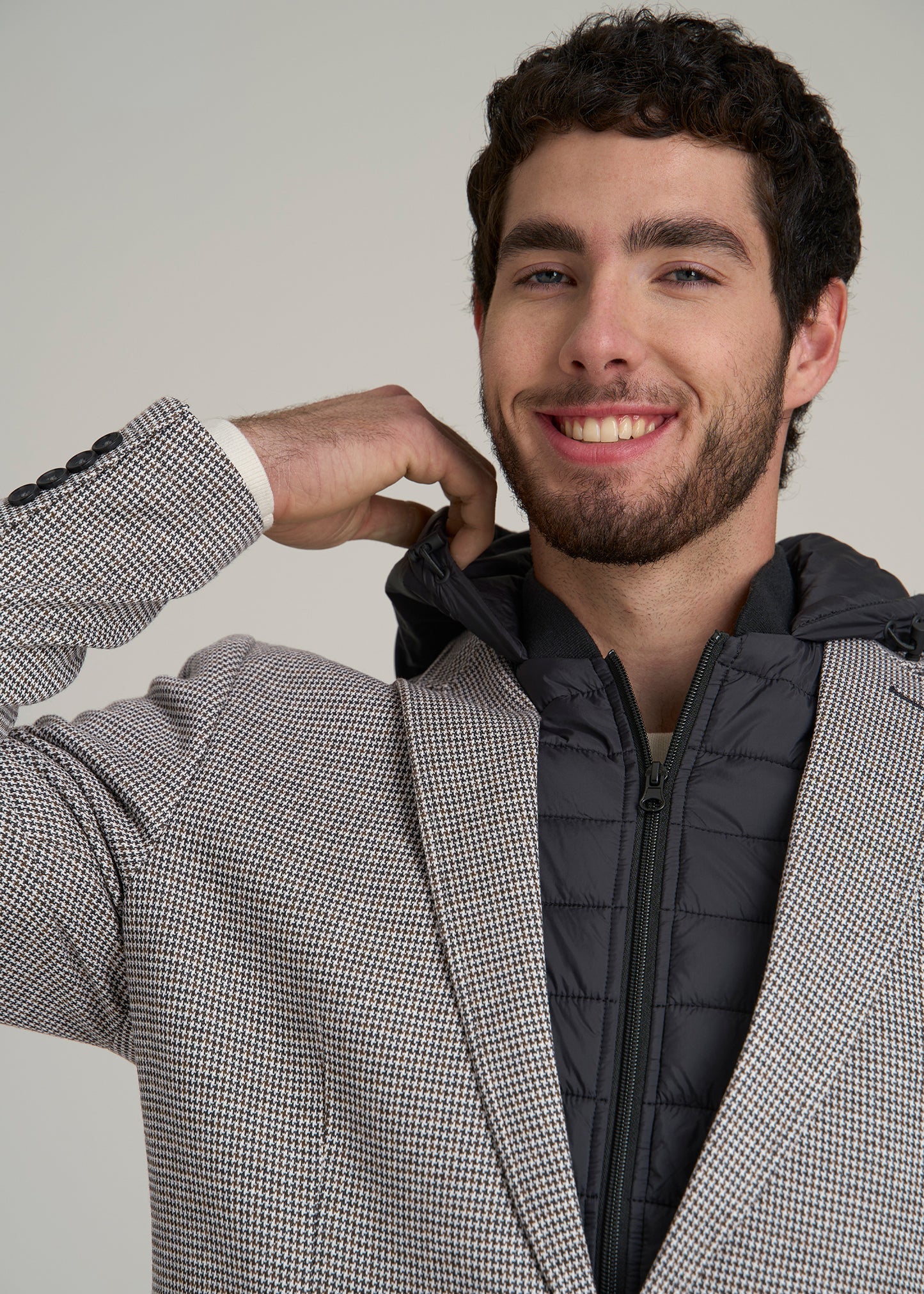 Hooded Bib Blazer for Tall Men in Chocolate and Black Houndstooth