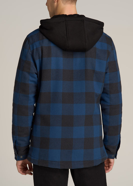 Hooded Flannel Shirt Jacket for Tall Men in Black and Blue Check