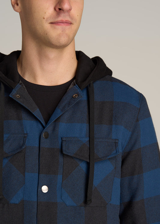 Hooded Flannel Shirt Jacket for Tall Men in Black and Blue Check