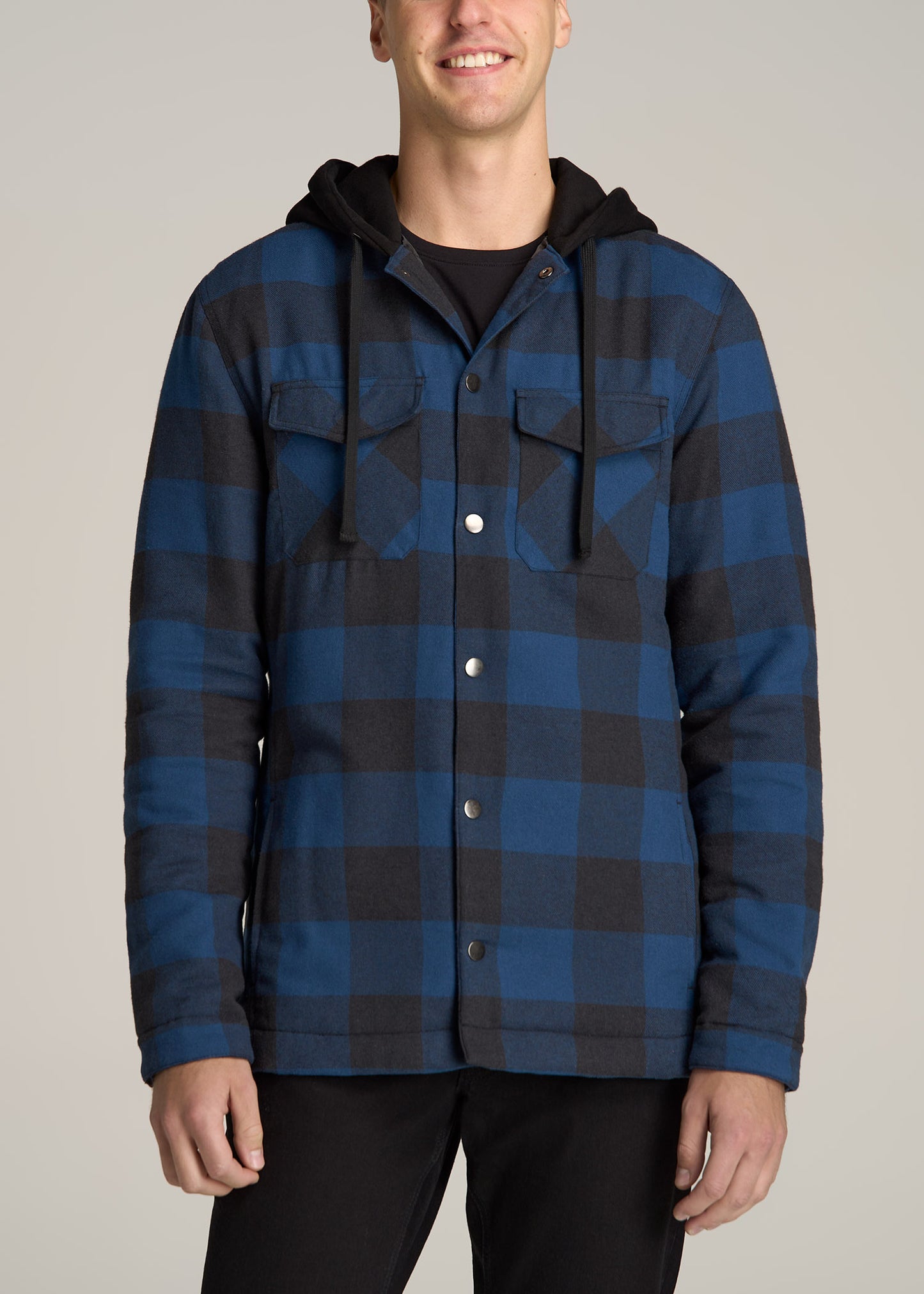 Blue Hooded Flannel Shirt Jacket for Men