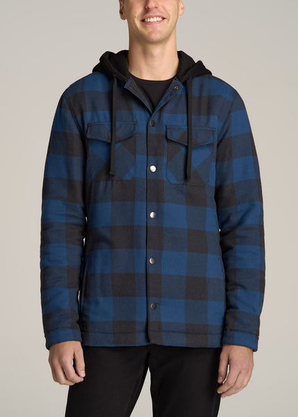 Hooded Flannel Shirt Jacket for Tall Men in Black and Blue Check S / Tall /  Black and Blue Check