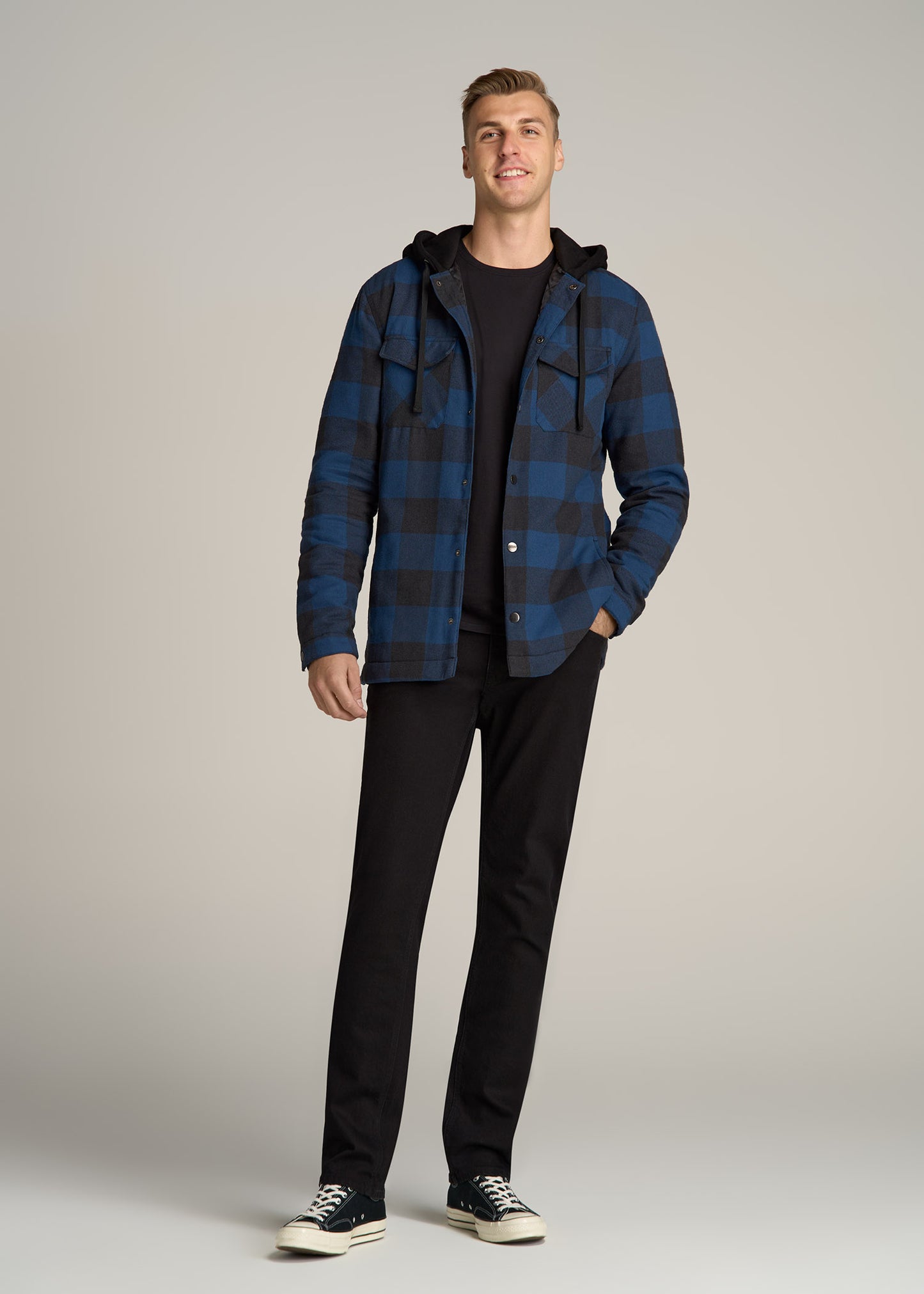 Hooded Flannel Shirt Jacket for Tall Men in Black and Blue Check XL / Tall / Black and Blue Check