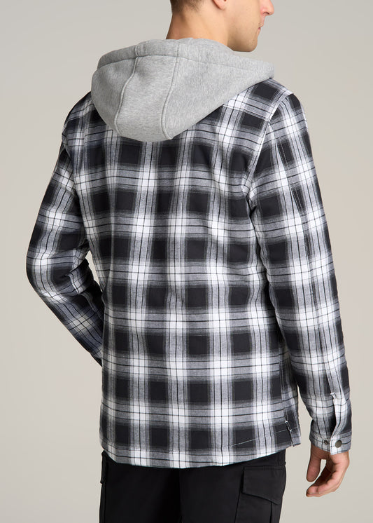 Hooded Flannel Shirt Jacket for Tall Men in Black & White Plaid