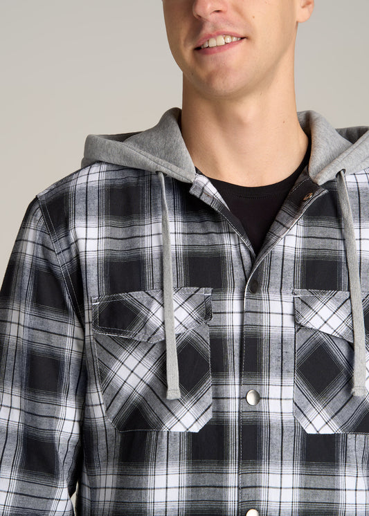 Hooded Flannel Shirt Jacket for Tall Men in Black & White Plaid