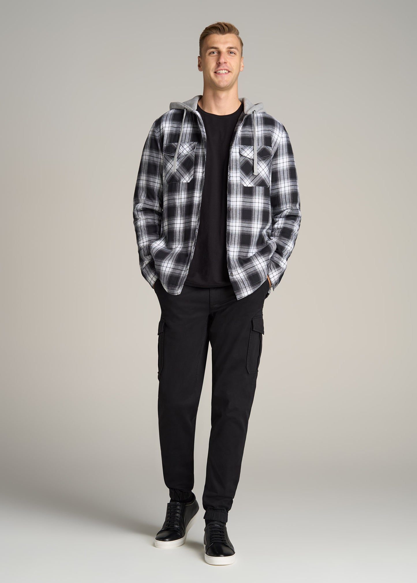 Hooded Flannel Shirt Jacket for Tall Men in Black & White Plaid XL / Tall / Black & White Plaid
