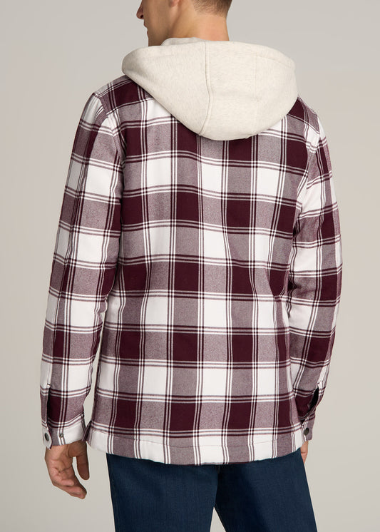 Hooded Flannel Shirt Jacket for Tall Men in Maroon & White Plaid