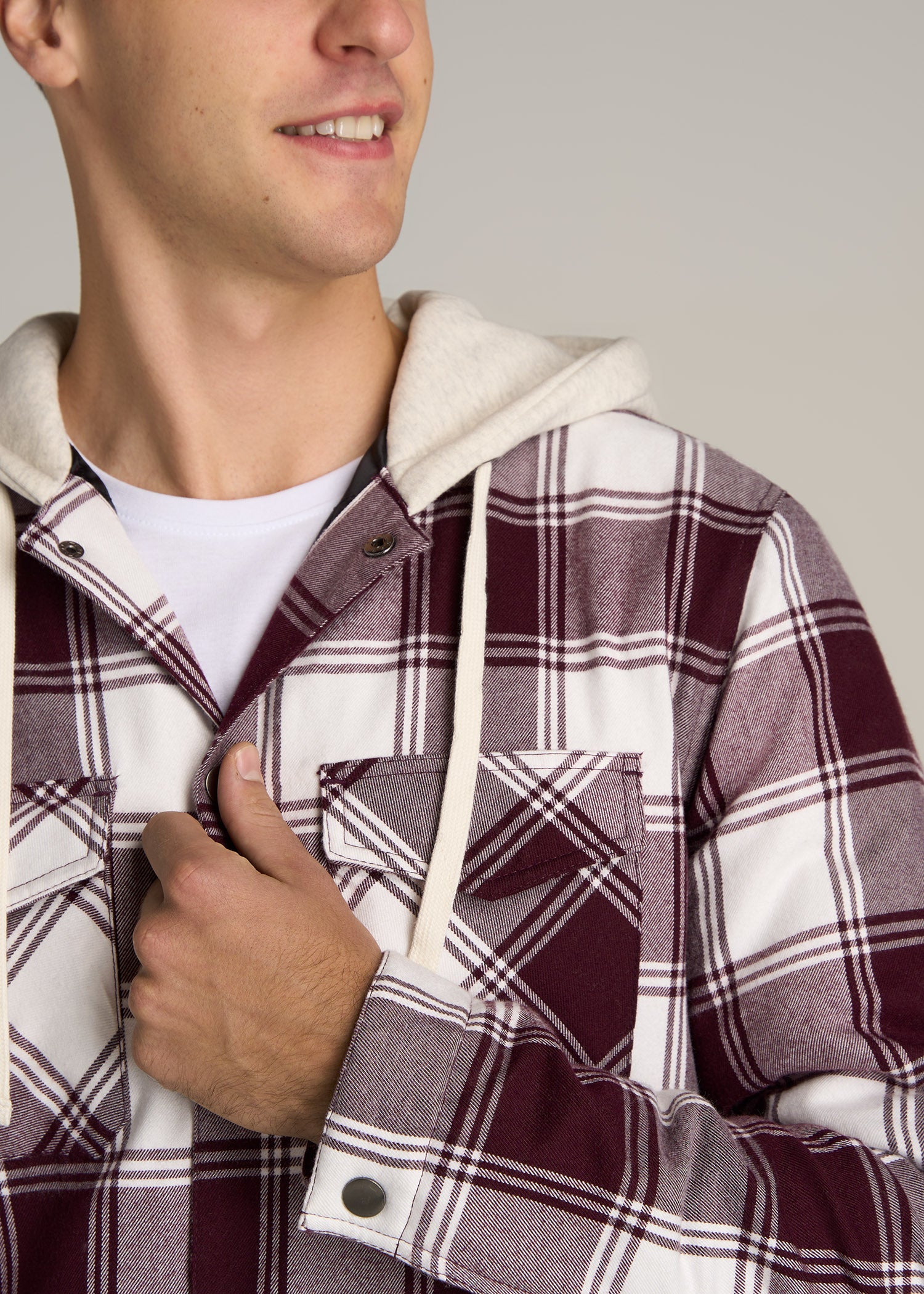Hooded Flannel Shirt Jacket for Tall Men in Maroon & White Plaid 2XL / Extra Tall / Maroon & White Plaid