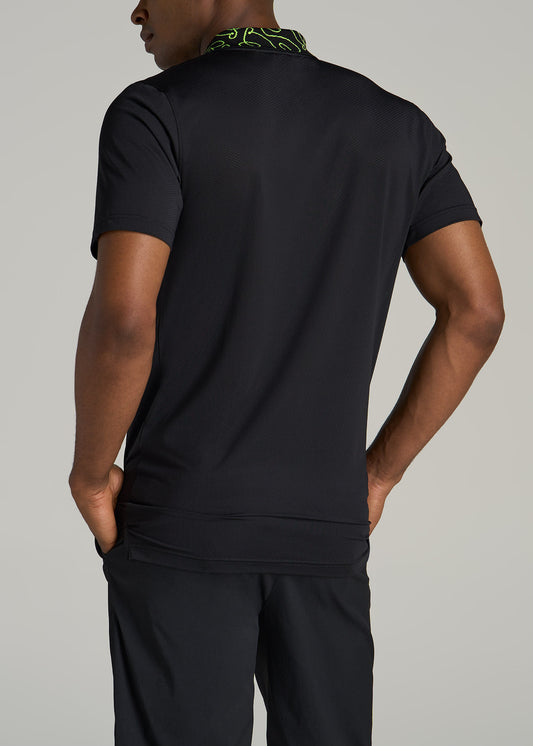 Jacquard Knit Collar Golf Polo Shirt for Tall Men in Black