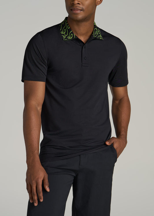 Jacquard Knit Collar Golf Polo Shirt for Tall Men in Black