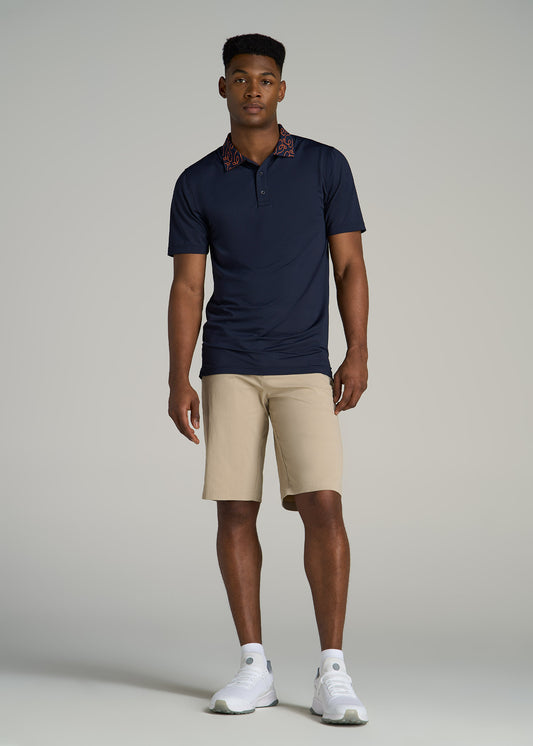 Jacquard Knit Collar Golf Polo Shirt for Tall Men in Evening Blue