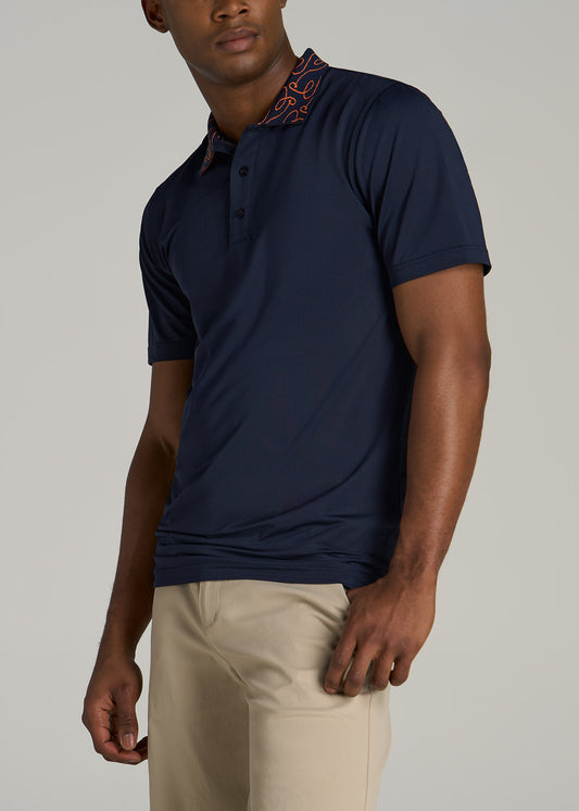 Jacquard Knit Collar Golf Polo Shirt for Tall Men in Evening Blue