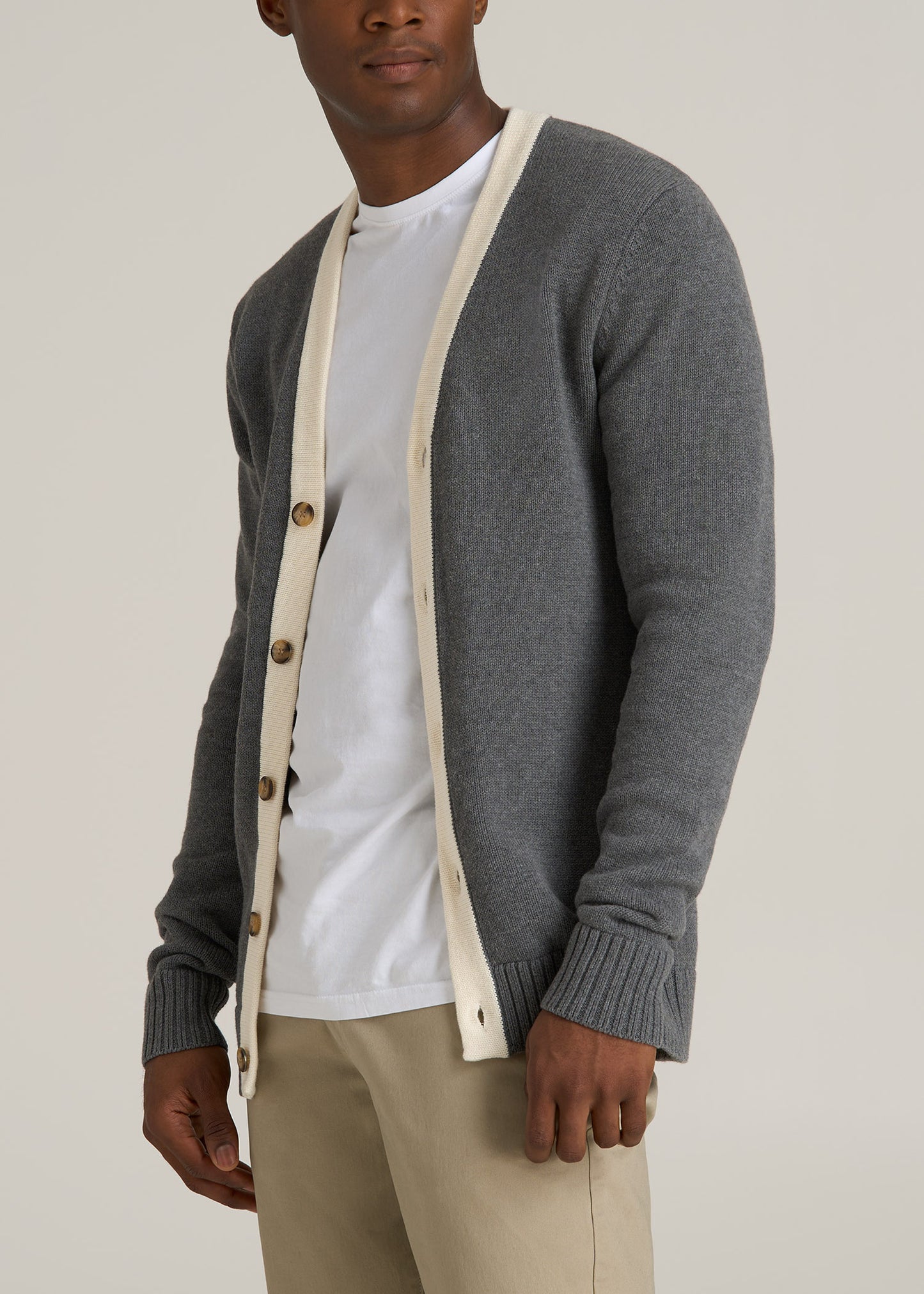 Knit Campus Cardigan for Tall Men in Charcoal Mix and Cream