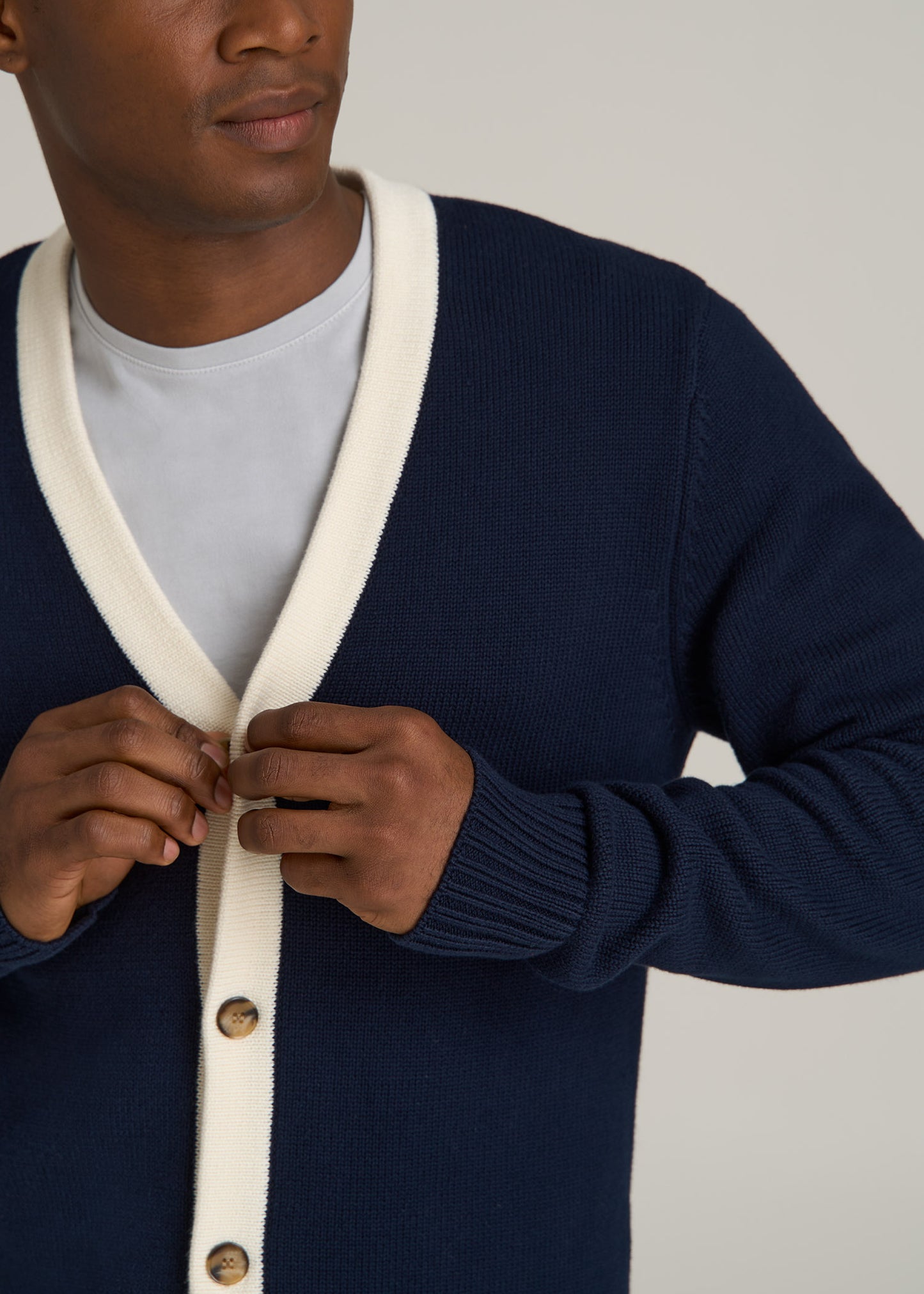 Knit Campus Cardigan for Tall Men in Navy and Cream XL Extra Tall Navy and Cream