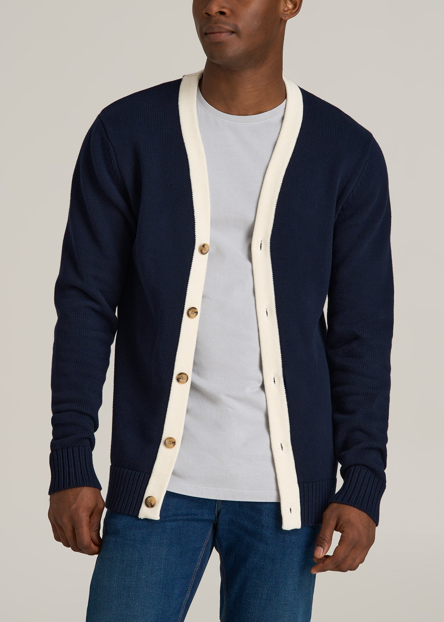 Knit Campus Cardigan for Tall Men in  Navy and Cream