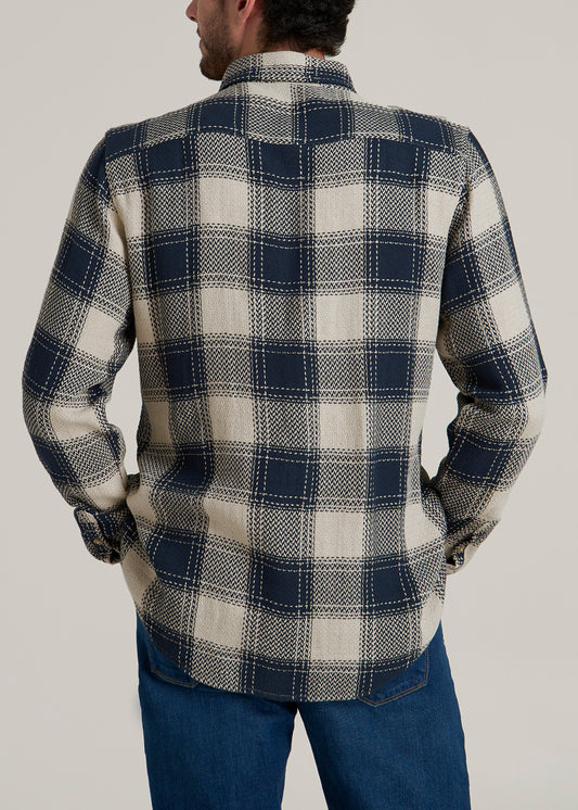 Lightweight Knit Overshirt for Tall Men in Navy and Beige Plaid