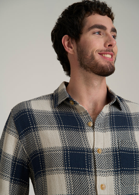 Lightweight Knit Overshirt for Tall Men in Navy and Beige Plaid