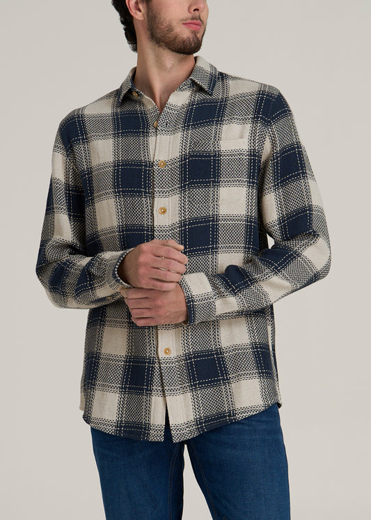 Lightweight Knit Overshirt for Tall Men in Navy and Beige Plaid