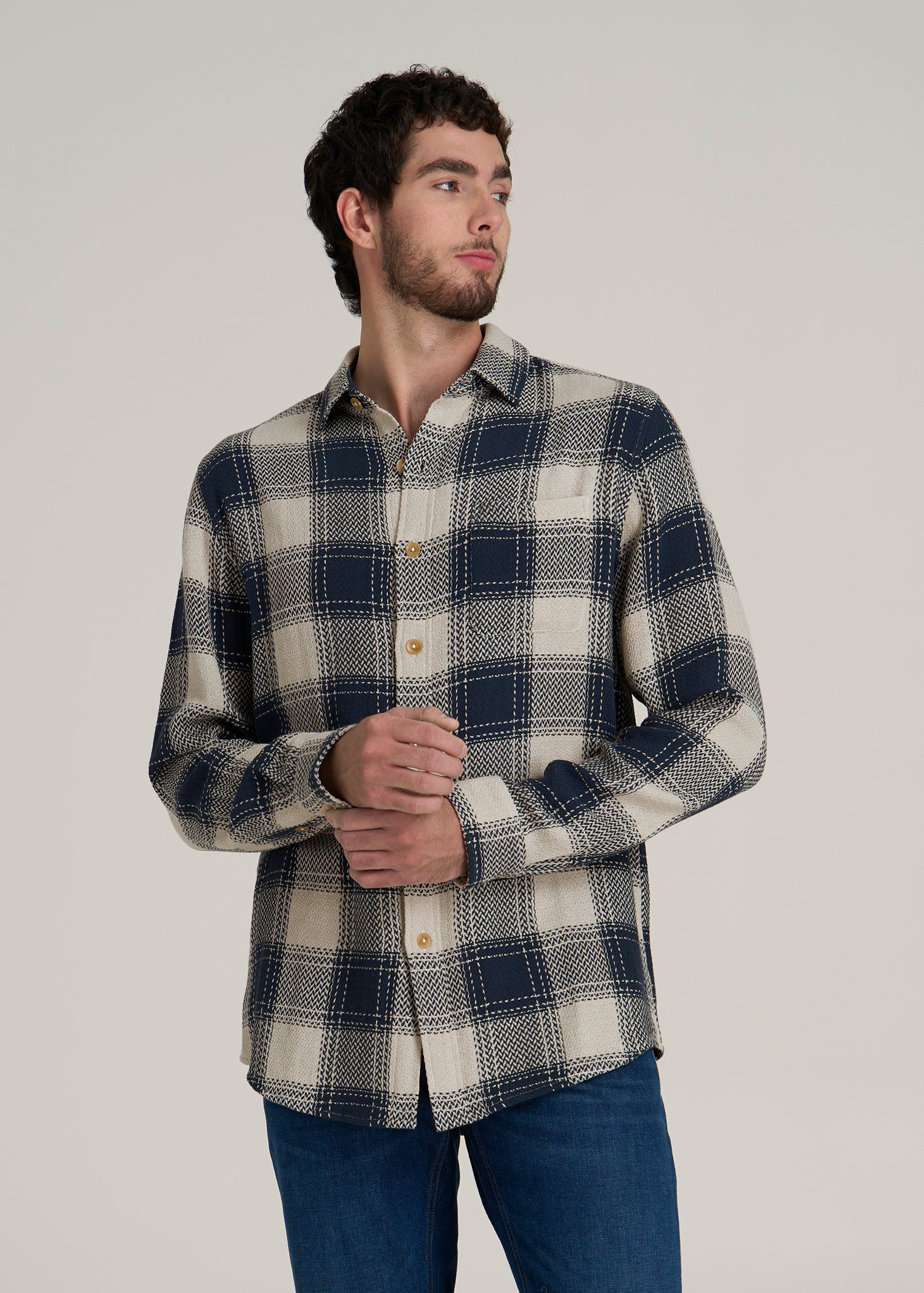 Lightweight Woven Overshirt for Tall Men in Navy and Beige Plaid
