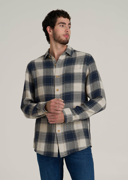 Lightweight Woven Overshirt for Tall Men in Navy and Beige Plaid