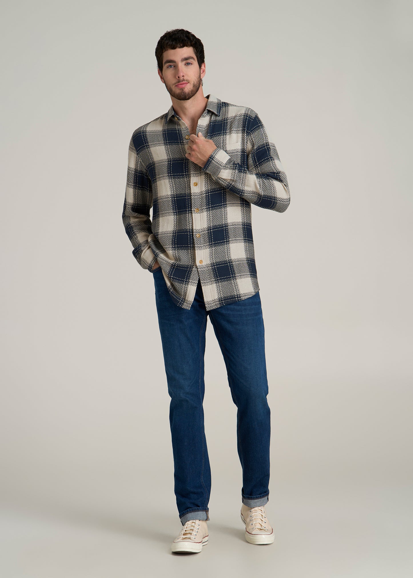 Lightweight Knit Overshirt for Tall Men in Navy and Beige Plaid