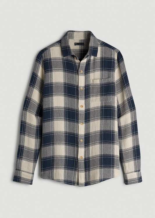 Lightweight Knit Overshirt for Tall Men in Navy and Beige Plaid