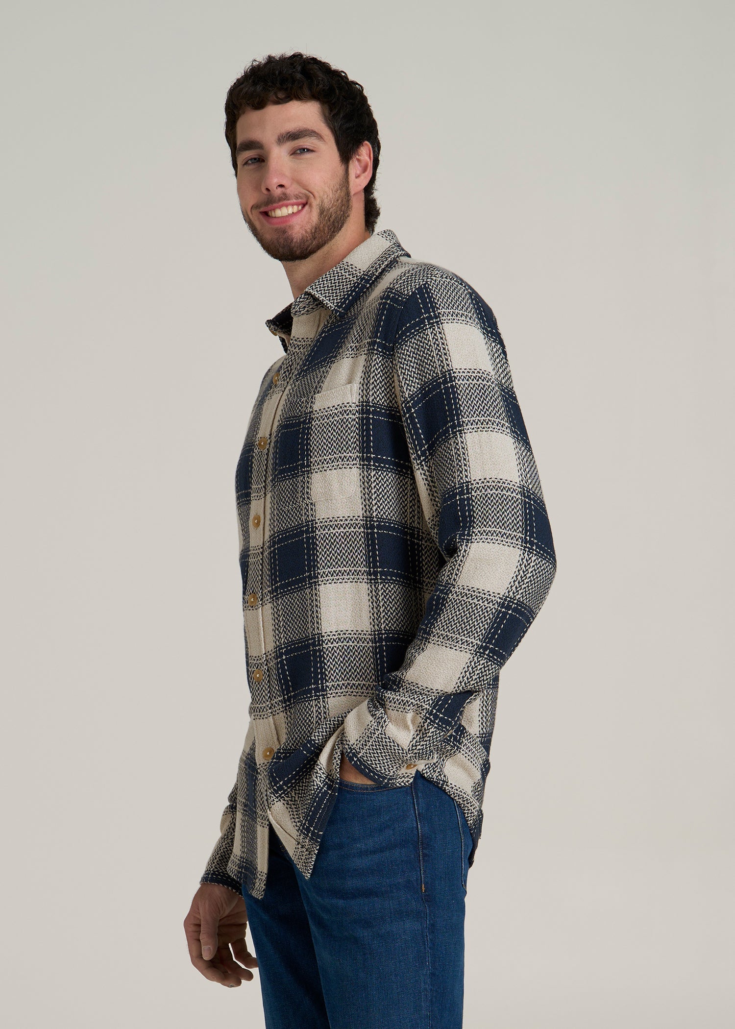Lightweight Woven Overshirt for Tall Men in Navy and Beige Plaid