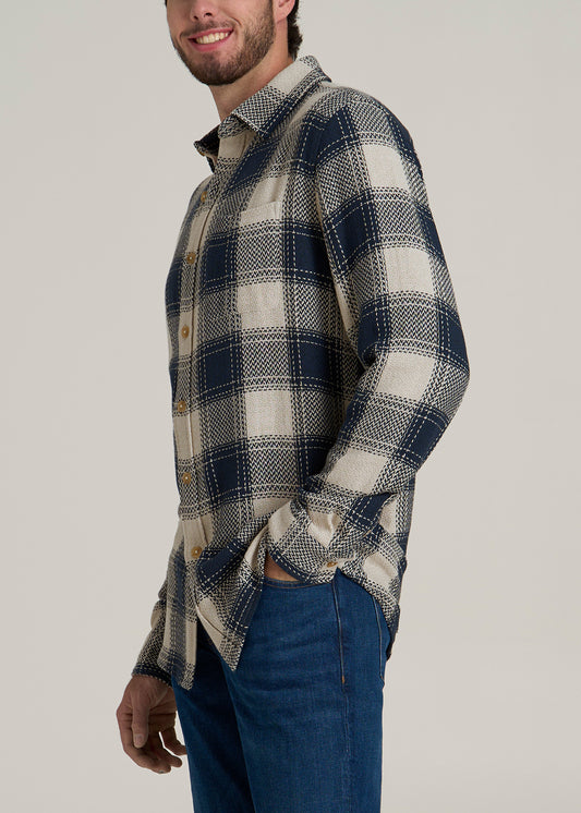 Lightweight Knit Overshirt for Tall Men in Navy and Beige Plaid