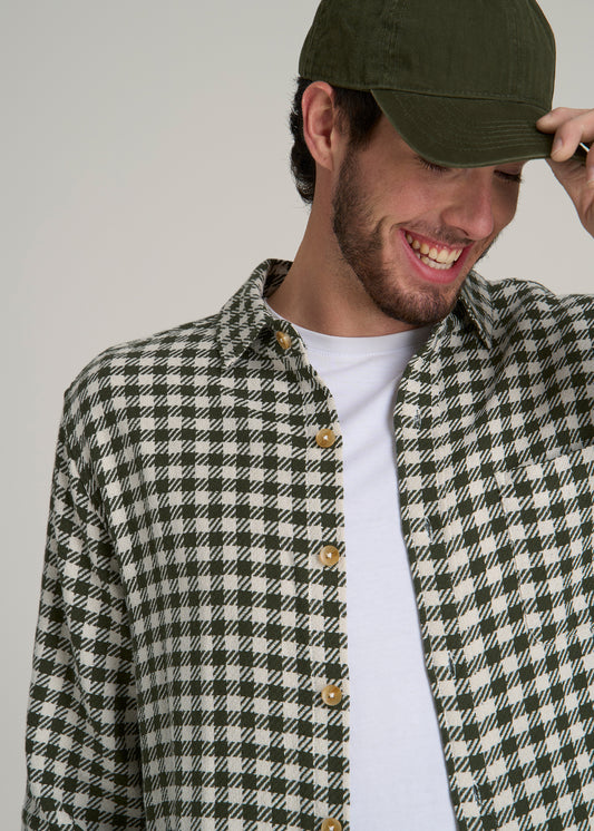 Lightweight Knit Overshirt for Tall Men in Olive and Ecru Check