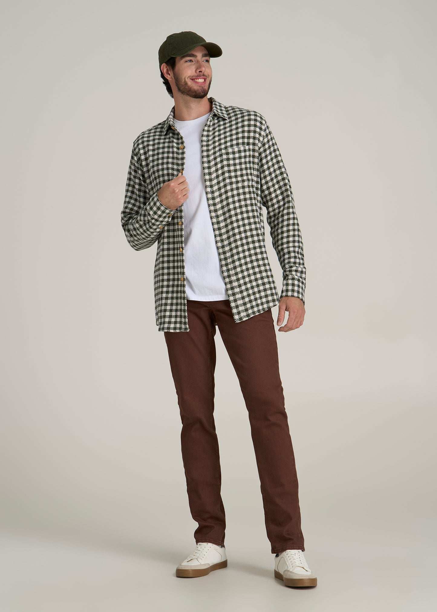 Lightweight Knit Overshirt for Tall Men in Olive and Ecru Check