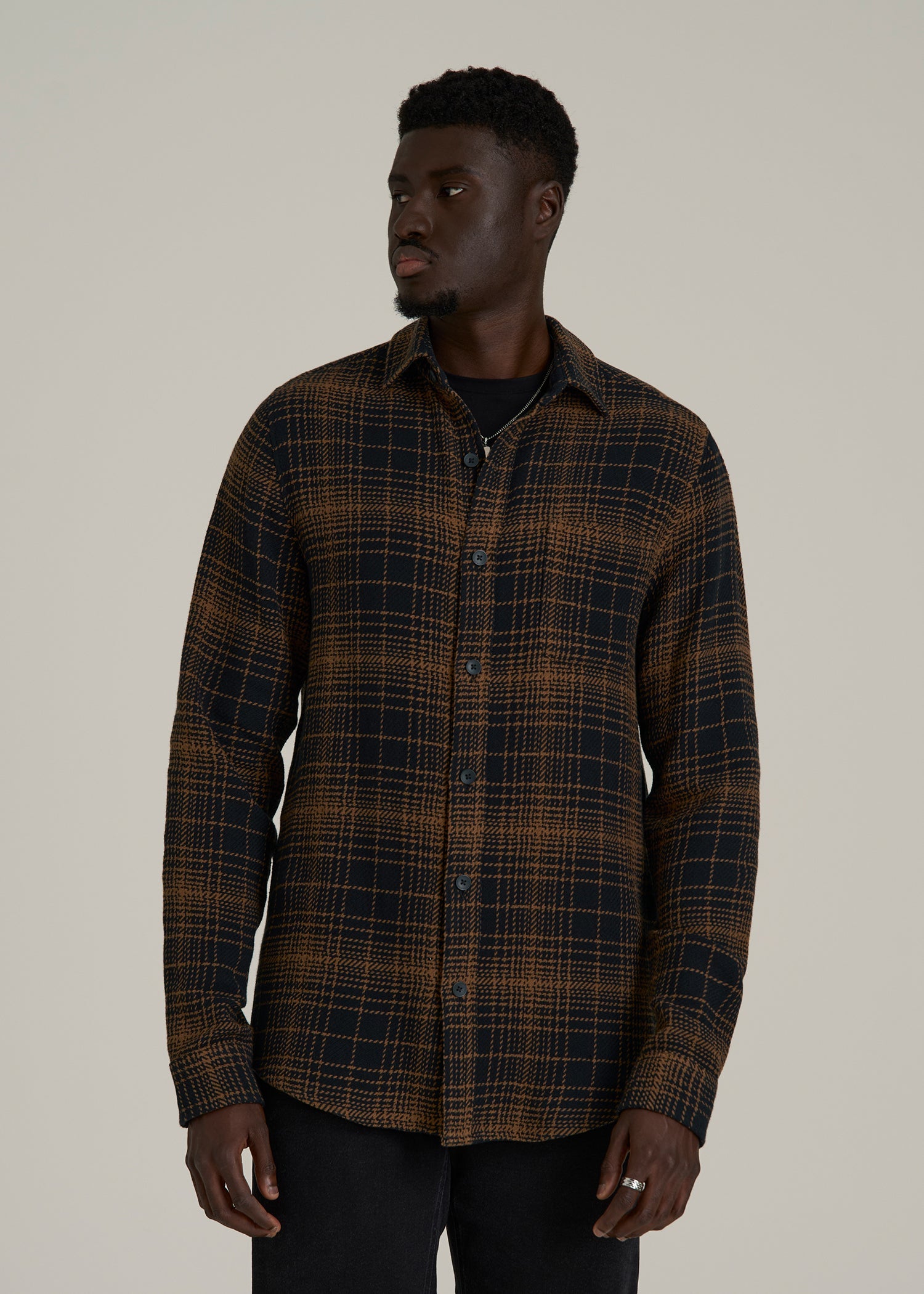 Lightweight Woven Overshirt for Tall Men in Black and Caramel Plaid