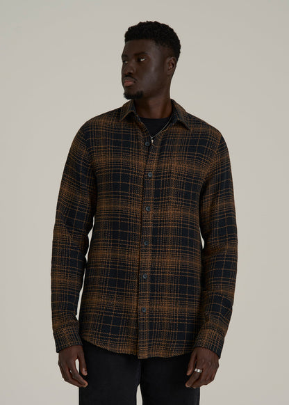 Lightweight Woven Overshirt for Tall Men in Black and Caramel Plaid