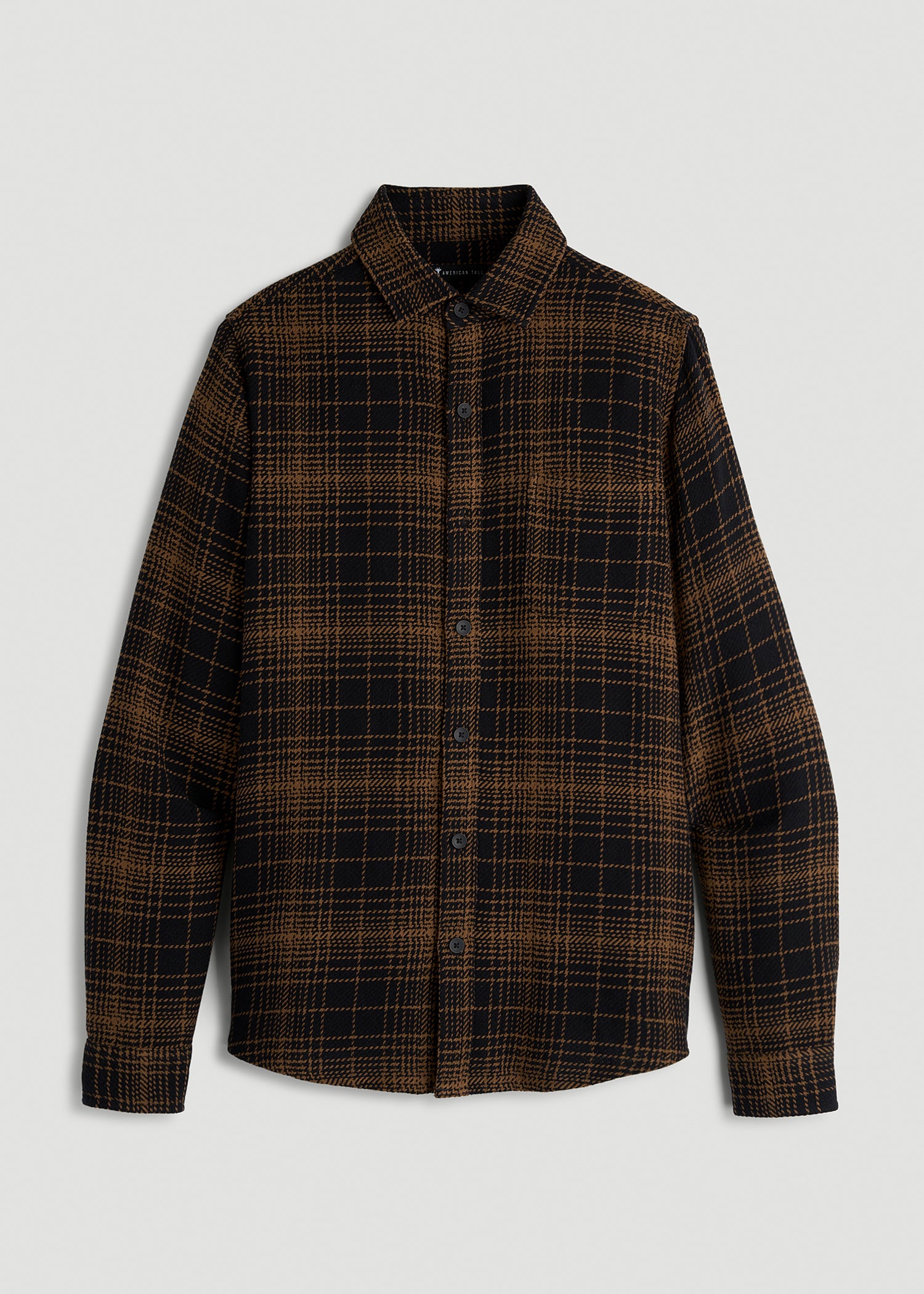 Lightweight Woven Overshirt for Tall Men in Black and Caramel Plaid