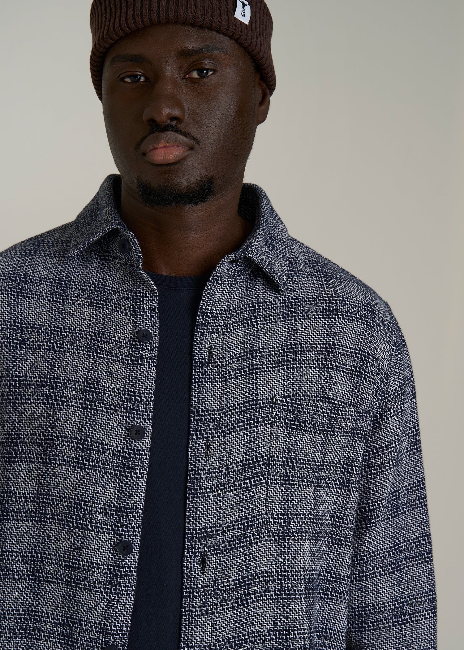 Lightweight Woven Overshirt for Tall Men in Navy Textured Grid